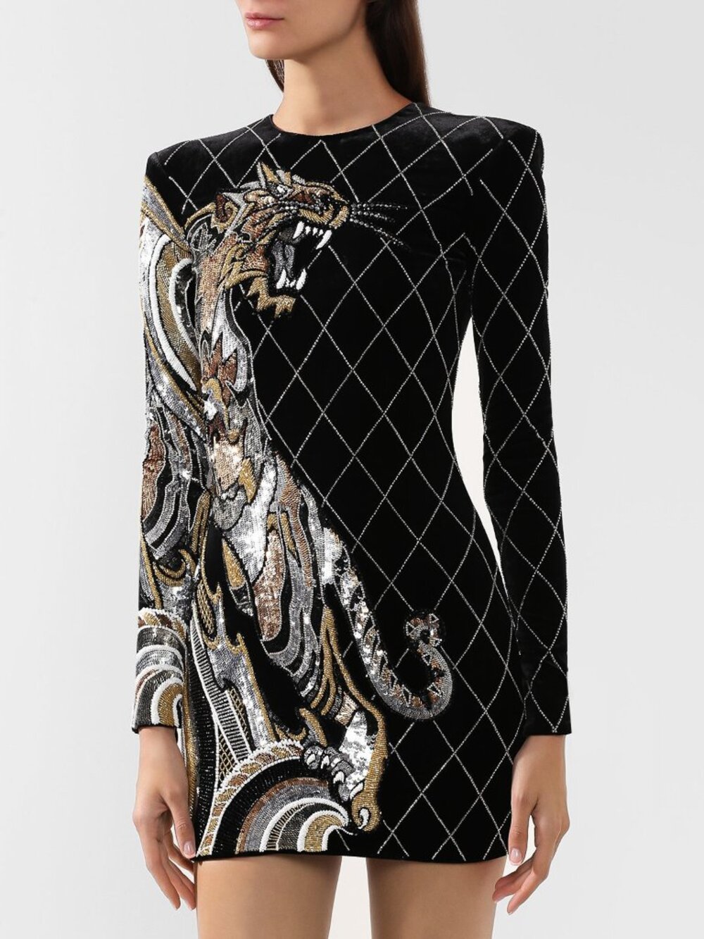 Balmain Tiger Sequin Embellished Velvet Mini Dress Black Size FR 36 US 4